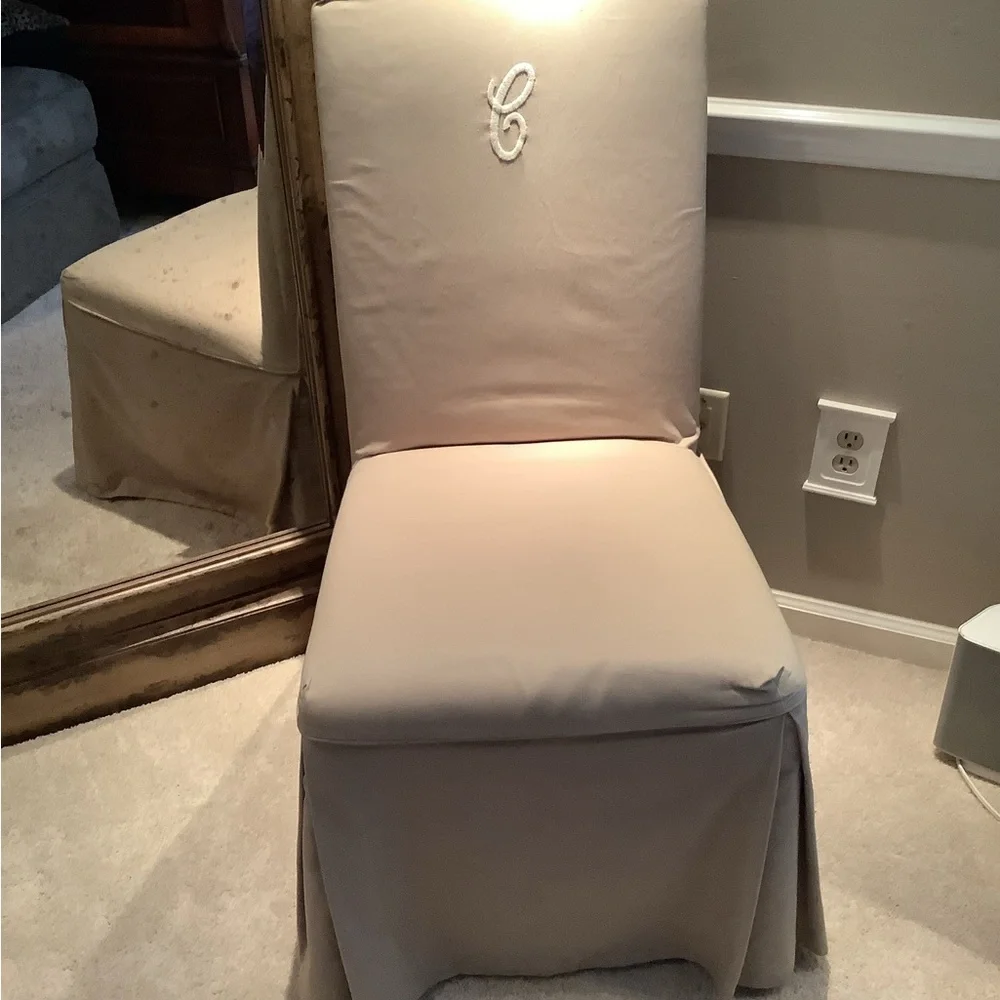 BALLARD DESIGN TAUPE TWILL PARSONS CHAIR COVER. WHITE EMBROIDERED “C”